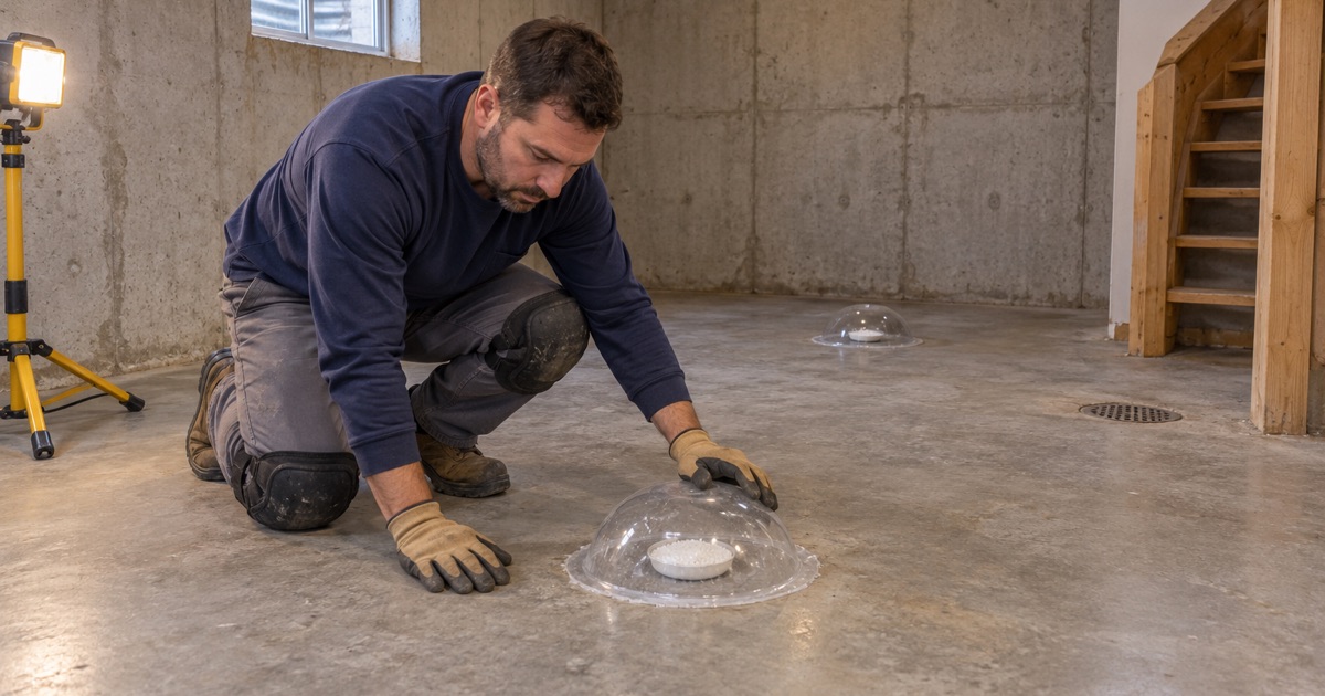 A calcium chloride moisture test sealed under a clear dome on a Bartlett basement slab before any coating is quoted.