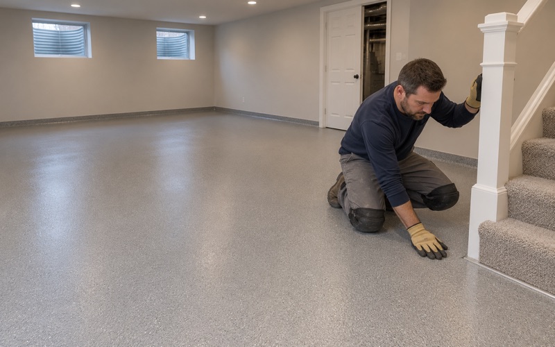 A finished warm gray quartz epoxy floor in a Bartlett basement family room, ending in a neat transition at the foot of the stairs.