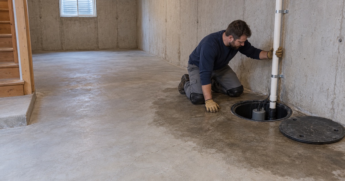 An opened sump basin in the corner of a Bartlett basement, its discharge pipe running up the poured wall and a damp band on the slab around the pit.