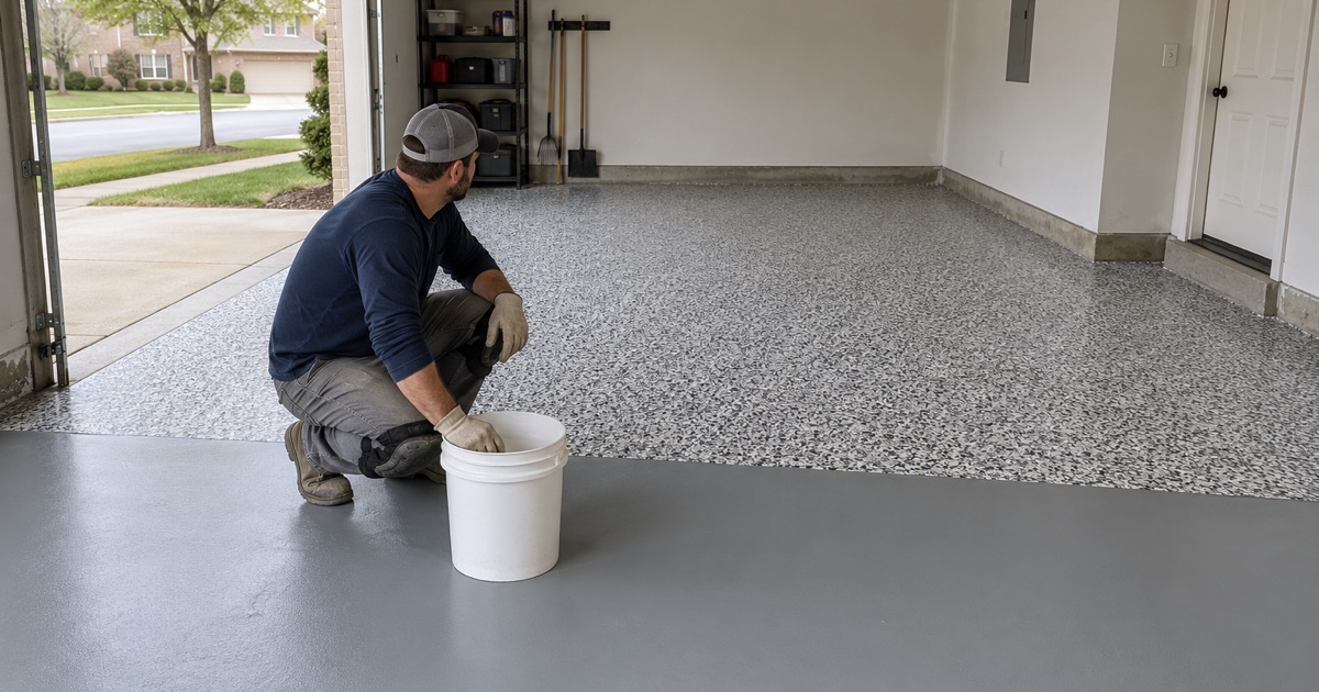 Gray, white and black flake settled to full coverage over the back half of a Bartlett garage floor, the tinted base coat still showing at the front.