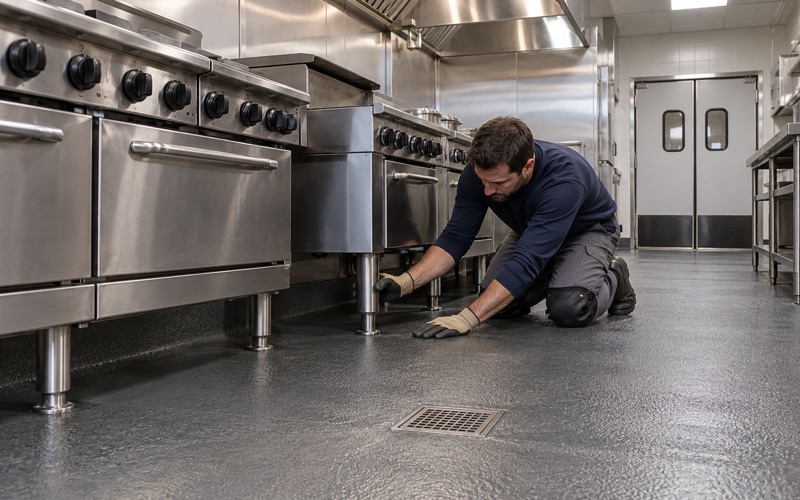 A urethane cement floor under a restaurant cook line in Bartlett, coved up the wall behind the ranges and sloping to a floor drain.