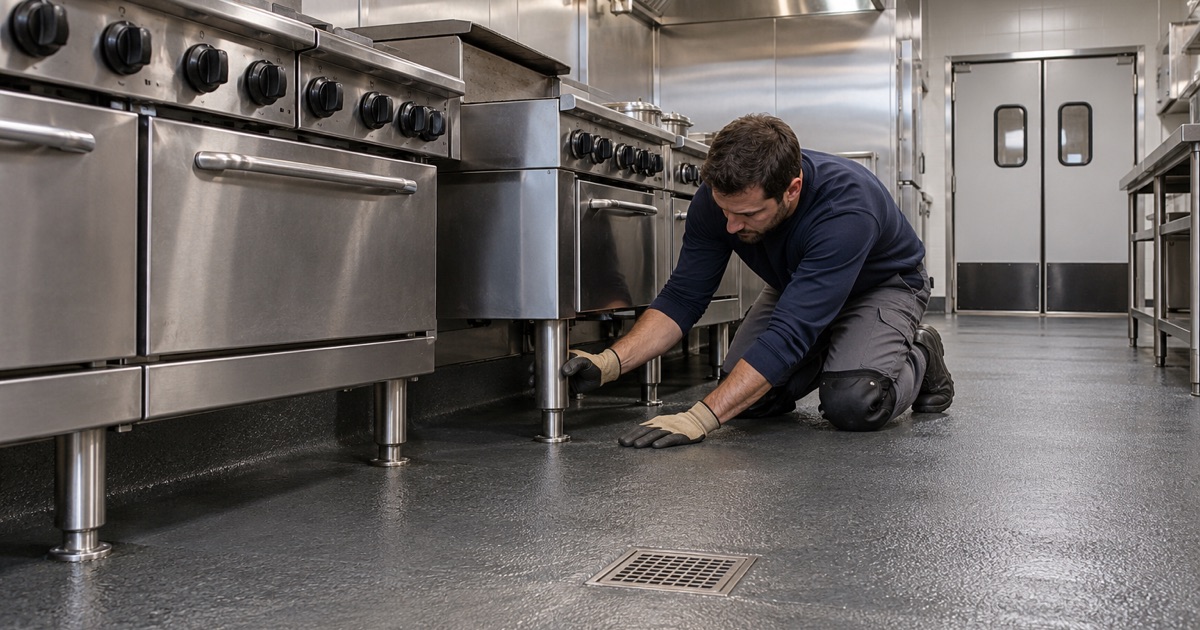 A urethane cement floor under a restaurant cook line in Bartlett, coved up the wall behind the ranges and sloping to a floor drain.