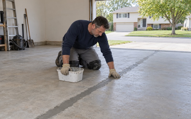 A crack across a Bartlett garage slab chased out, filled flush with gray repair mortar and ground level before coating.