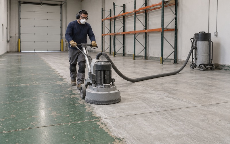 A walk-behind diamond grinder taking an old coating off a flex warehouse floor in a Bartlett business park.