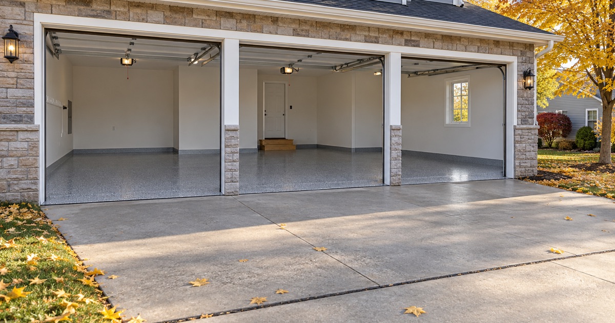 A finished gray and white flake floor in the empty three-car garage of a 2000s Bartlett home on a clear autumn afternoon.