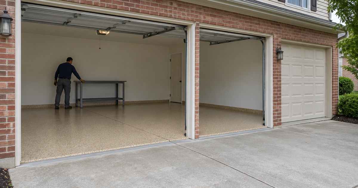 A finished tan, brown and cream flake floor in the three-car garage of a 1990s Bartlett two-story, a steel workbench set back against the rear wall.