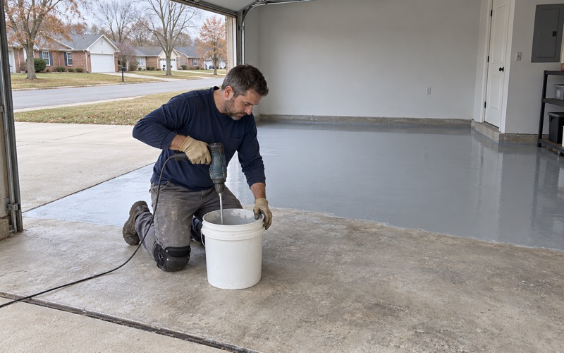 Gray epoxy being mixed in a pail on a ground Bartlett garage slab, the first coat already spread across the back of the floor.