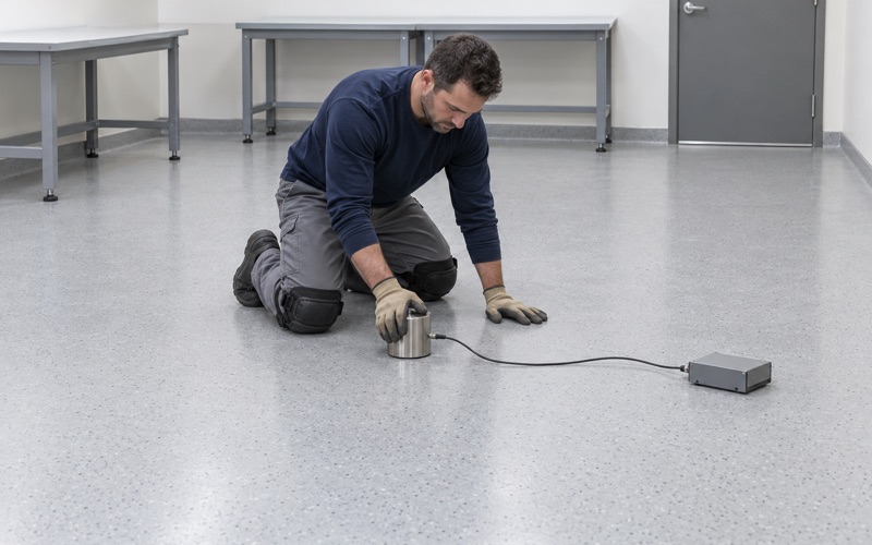 A static-dissipative epoxy floor being tested with a weighted electrode in a Bartlett electronics assembly room.