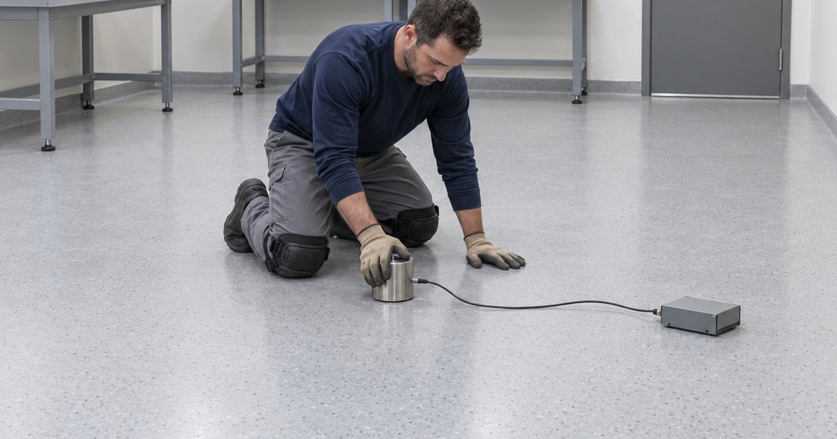 A static-dissipative epoxy floor being tested with a weighted electrode in a Bartlett electronics assembly room.