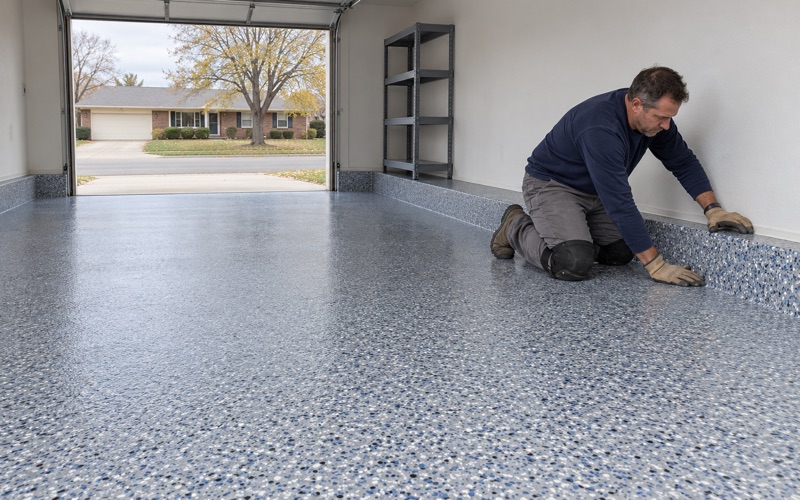 A blue-gray flake floor carried up the concrete curb along the side wall of a Bartlett garage, finished under a clear topcoat.