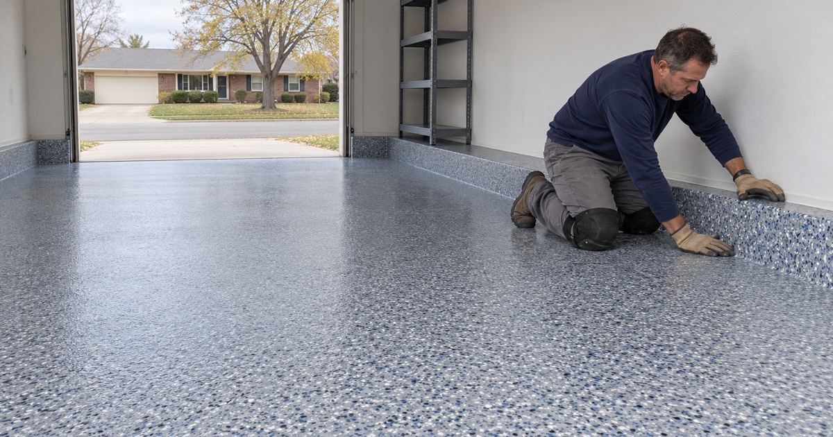 A blue-gray flake floor carried up the concrete curb along the side wall of a Bartlett garage, finished under a clear topcoat.