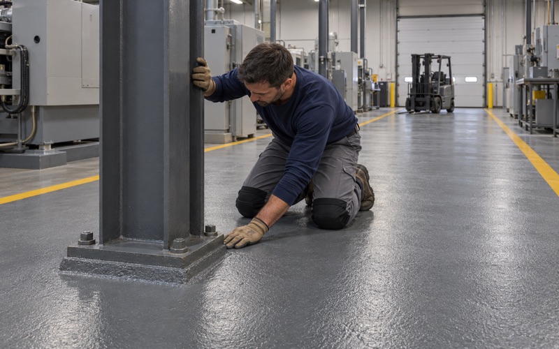 Trowel-applied epoxy mortar meeting a steel column base on a manufacturing floor in a Bartlett business park, a forklift parked far down the aisle.