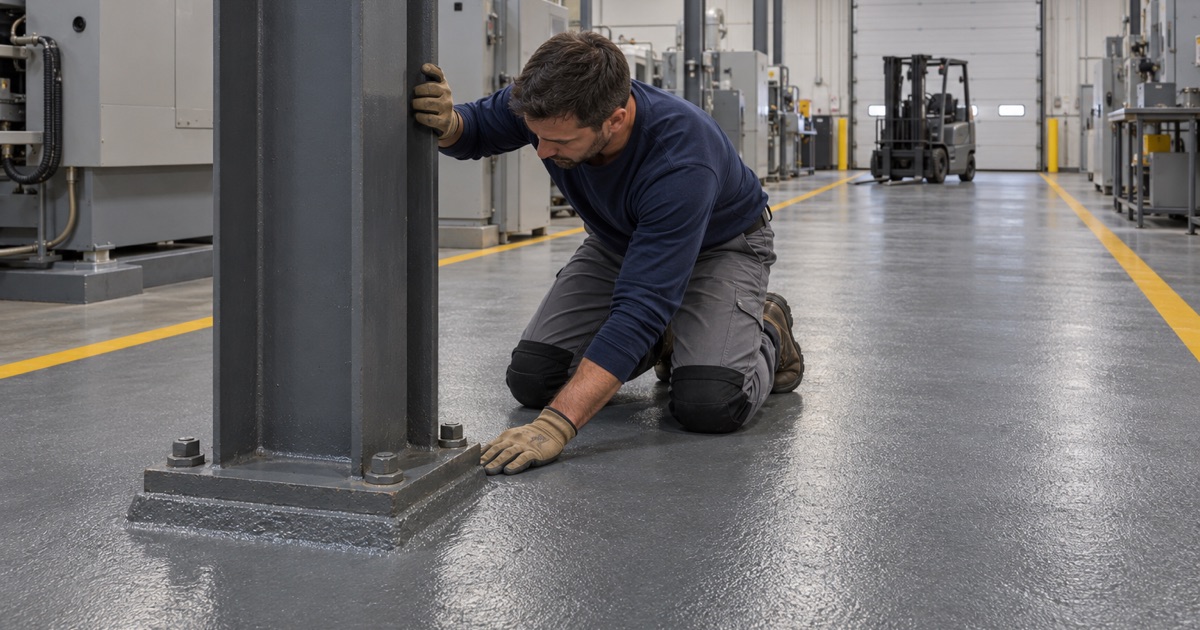 Trowel-applied epoxy mortar meeting a steel column base on a manufacturing floor in a Bartlett business park, a forklift parked far down the aisle.