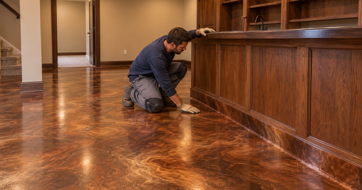 A copper and bronze metallic epoxy floor finished around a home bar in a Bartlett basement.