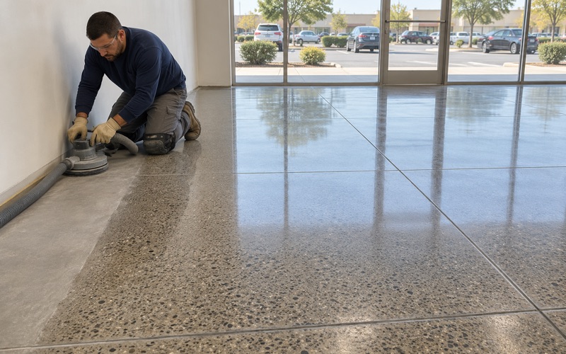 The strip along a wall being edge-polished to match a newly polished retail floor in a Bartlett strip center store.