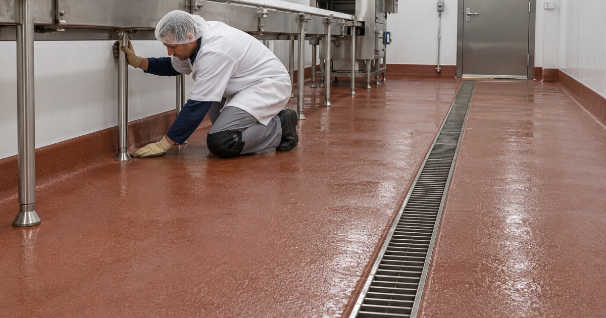 A sloped red urethane cement washdown floor under a stainless conveyor in a Bartlett food processing room, coved up the wall to a trench drain.