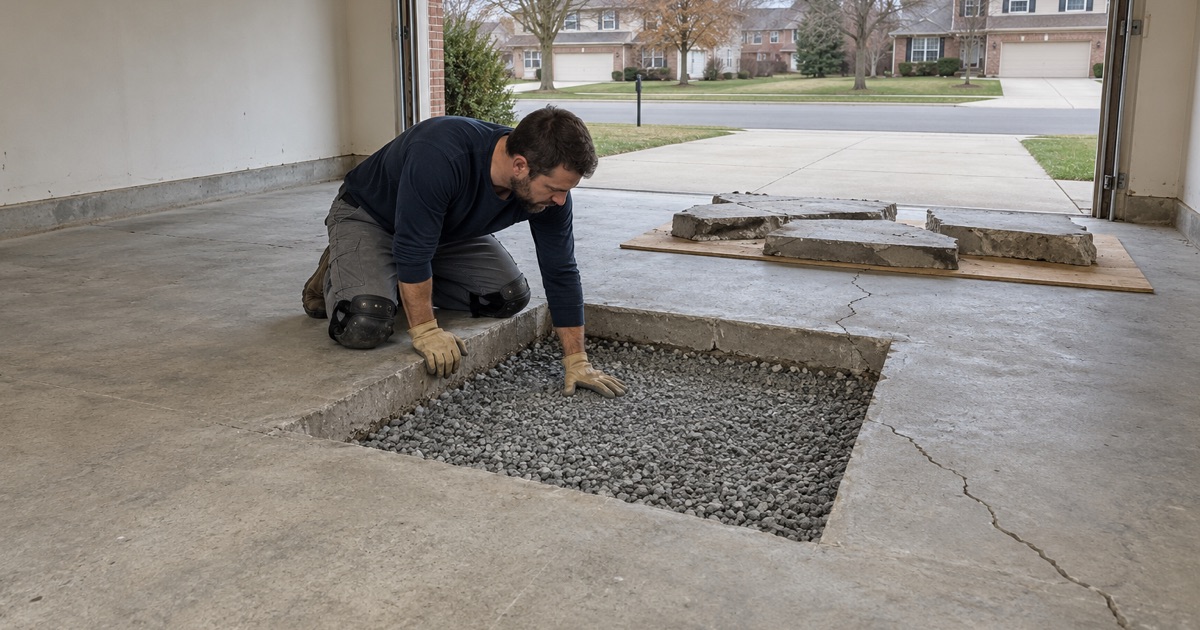 A cracked section sawn out of a Bartlett garage slab, its thickness and the compacted stone base beneath laid bare before the coat-or-replace call.